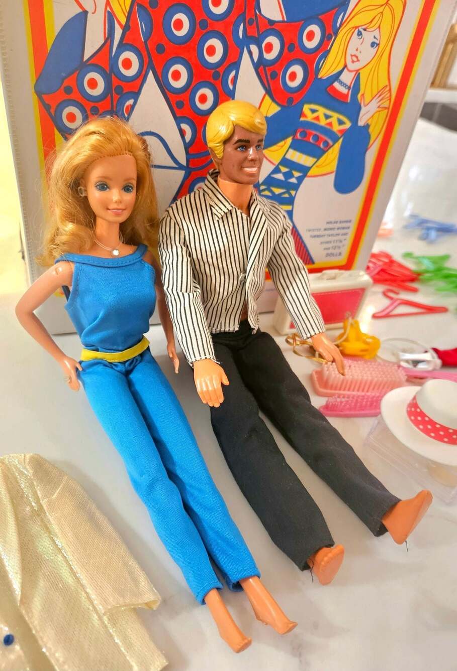 Vintage  Barbie and Ken doll, 1970s Tara Toy Fashion Doll Trunk and Clothing Lot
